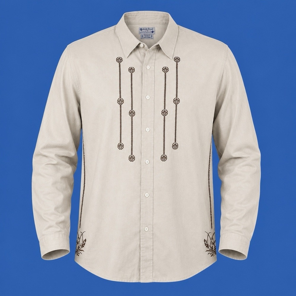 Lucky Brand Guayabera Embroidered Linen Button Up Shirt Men's XL Beige